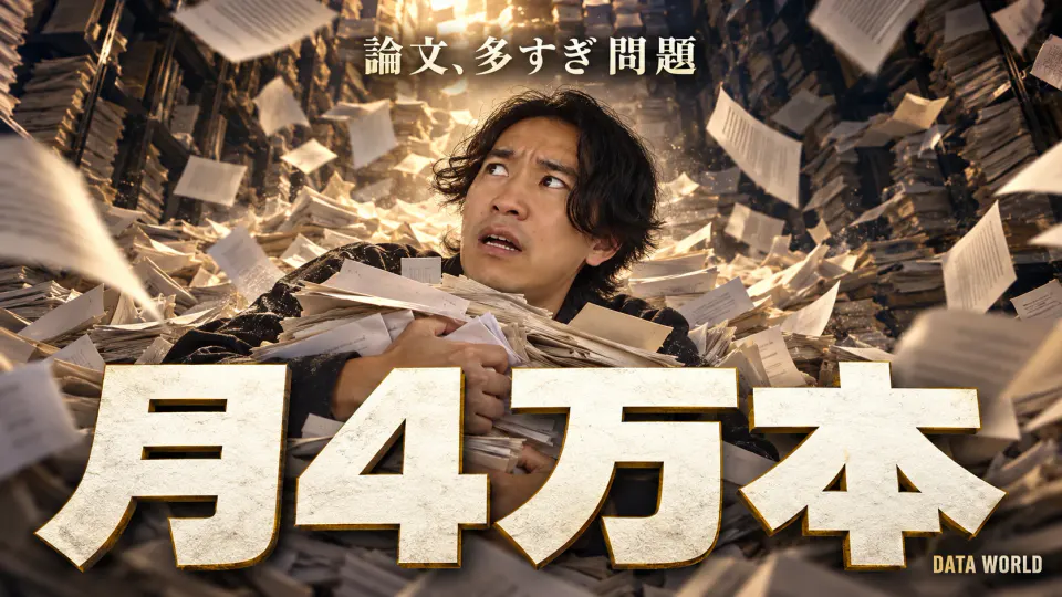 夜の書庫で、天井まで積み上がった論文の紙の山が崩れ、紙束を抱えたDATA WORLD編集長の小笠原海人が埋もれかけて驚いている。上に「論文、多すぎ問題」、下に大きく「月4万本」の文字
