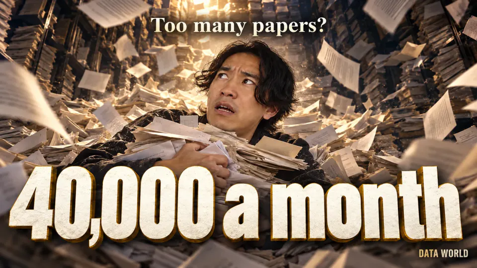 In a dim library, a ceiling-high pile of research papers collapses like an avalanche while DATA WORLD editor-in-chief Kaito Ogasawara, half buried and clutching stacks of paper, looks up in alarm. Small text reads "Too many papers?" and large text reads "40,000 a month"
