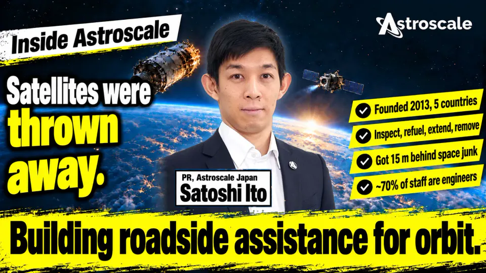 Satoshi Ito of Astroscale Japan's PR team in front of Earth, a spent rocket stage and an approaching servicer satellite. Text: Inside Astroscale. Satellites were thrown away. Founded 2013, 5 countries. Inspect, refuel, extend, remove. Got 15 m behind space junk. About 70% of staff are engineers. Building roadside assistance for orbit.