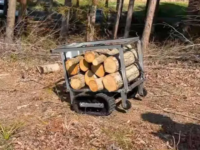 枯れ草の地面の上で、まきをたくさん積んだ荷台を載せて進むクローラー型の小型車両。周りに木々が立っている