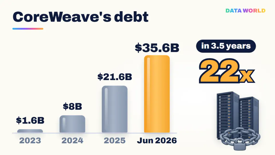 Bar chart of CoreWeave's debt outstanding: $1.6B at end-2023, $8.0B at end-2024, $21.6B at end-2025 and $35.6B in June 2026., about 22 times more in three and a half years