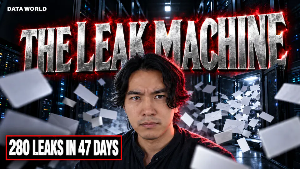 In a dark data-center corridor, DATA WORLD editor-in-chief Kaito Ogasawara looks at the camera with a grave expression as blank membership cards and envelopes stream out of an open server cabinet behind him. Text: "THE LEAK MACHINE" and "280 LEAKS IN 47 DAYS"