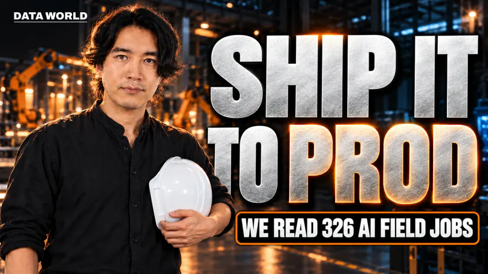A dark factory at night. DATA WORLD editor-in-chief Kaito Ogasawara stands on the left in a black shirt, holding a white hard hat. Large silver text on the right reads "SHIP IT TO PROD", with "WE READ 326 AI FIELD JOBS" below