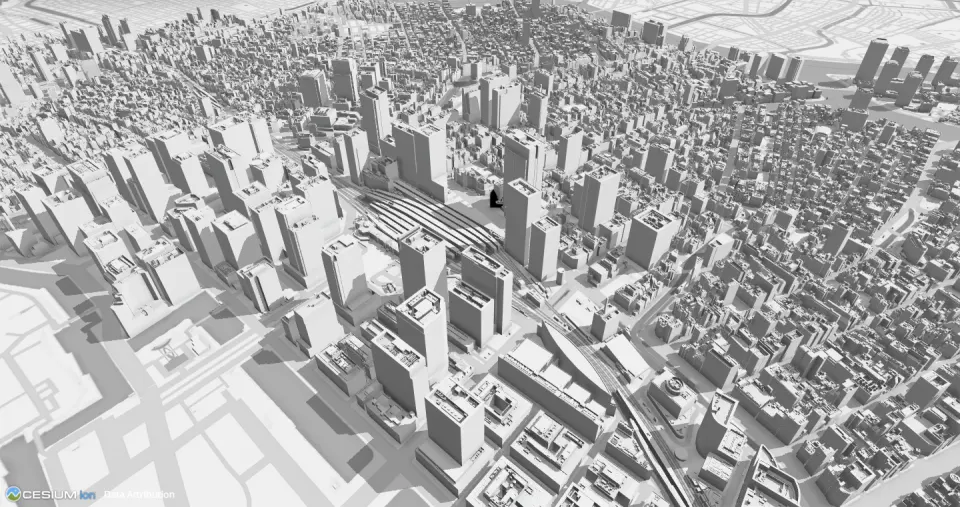 PLATEAU VIEWで表示した、東京駅周辺の高層ビル群の3D都市モデル