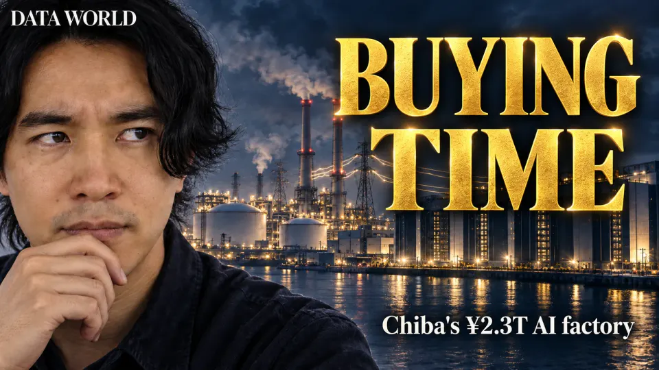 A bay at night where glowing data center buildings stand right next to an LNG power plant's chimneys and gas tanks, linked by power lines. DATA WORLD editor-in-chief Kaito Ogasawara looks on from the edge of the frame. Large gold text reads "BUYING TIME", with a smaller line "Chiba's ¥2.3T AI factory"