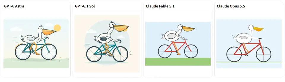 4つのAIが描いた、自転車に乗るペリカンの絵。GPT-6 AstraとGPT-6.1 Solは太陽や雲、丘まで描き込んだイラスト。Claude Fable 5.1とOpus 5.5は、青空と地面にペリカンと赤い自転車を置いたシンプルな絵