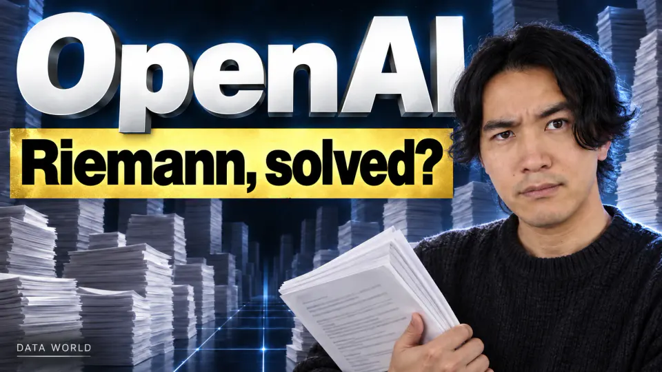 OpenAI: Riemann, solved? Against a midnight-blue background with towering stacks of paper, giant silver 3D letters read "OpenAI," and a gold band below reads "Riemann, solved?" On the right, DATA WORLD editor-in-chief Kaito Ogasawara holds a bundle of papers and eyes the camera skeptically.