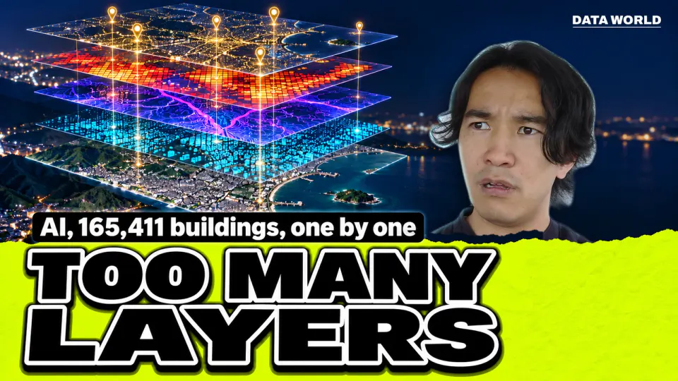 Five map layers stacked over the Shonan coast at night: satellite imagery, building dots, landforms, an earthquake shaking grid and land price pins. On the right, DATA WORLD editor-in-chief Kaito Ogasawara peers out from behind the band with a puzzled look. Text: AI, 165,411 buildings, one by one. TOO MANY LAYERS