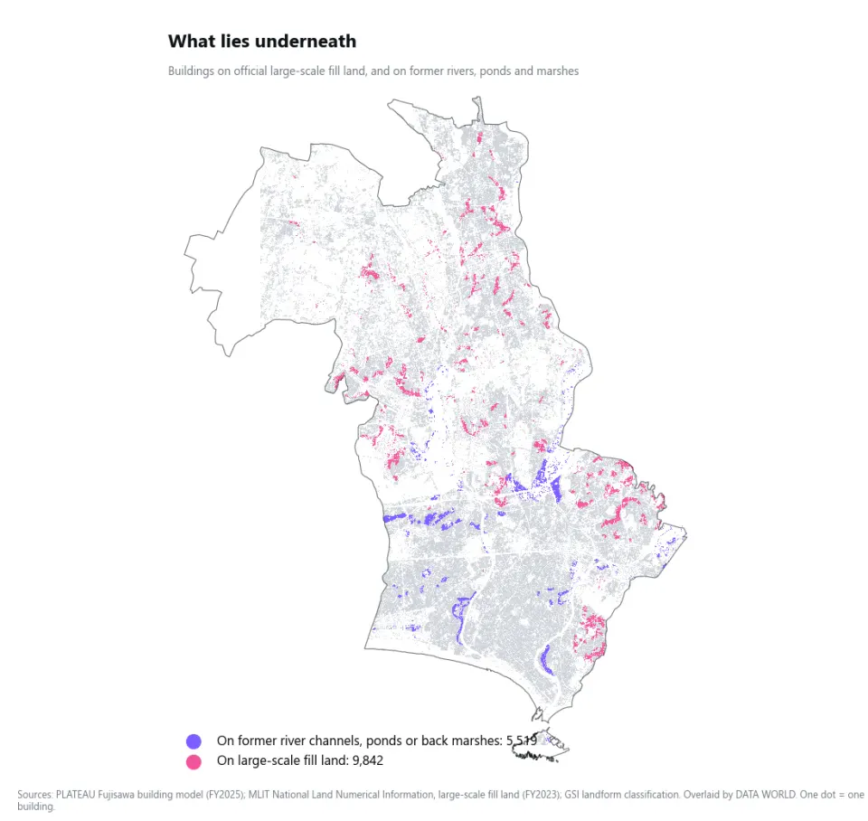 Map of Fujisawa's buildings drawn as dots. Buildings on large-scale fill sites are pink; buildings on former river channels, former water bodies and back marshes are purple. Pink clusters in the hills of the north and east, while purple runs in bands along the rivers