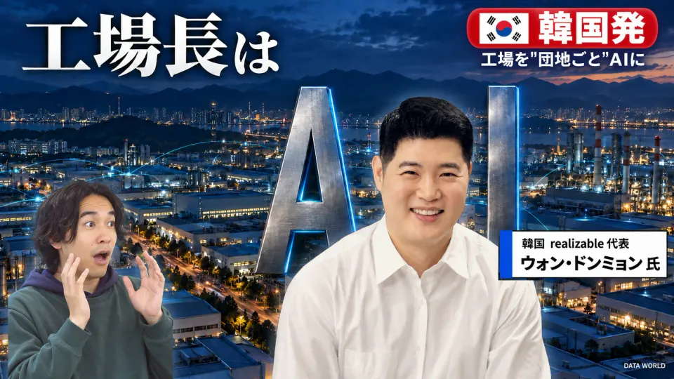 工場長はAI。夕暮れの工業団地を光の線が結ぶなか、金属の大きな文字「A」と「I」のあいだで笑顔を見せる韓国realizable代表のウォン・ドンミョン氏と、左で両手を上げて驚くDATA WORLD編集長の小笠原海人。右上に韓国の国旗と「韓国発」「工場を団地ごとAIに」の文字。