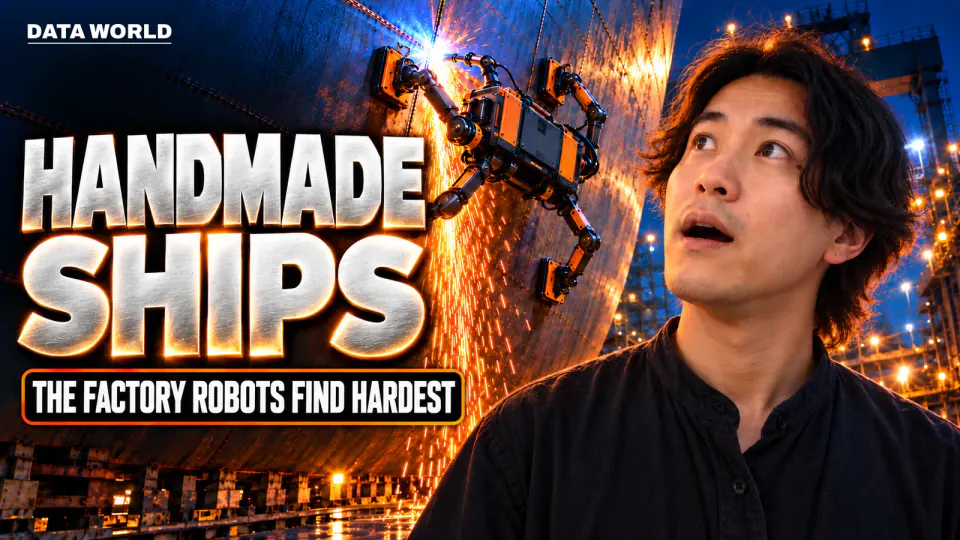 In a dry dock at night, a four-legged welding robot clings to a giant steel hull, throwing sparks. In the foreground on the right, DATA WORLD editor-in-chief Kaito Ogasawara looks up at it in amazement. Text: "HANDMADE SHIPS" and "THE FACTORY ROBOTS FIND HARDEST"