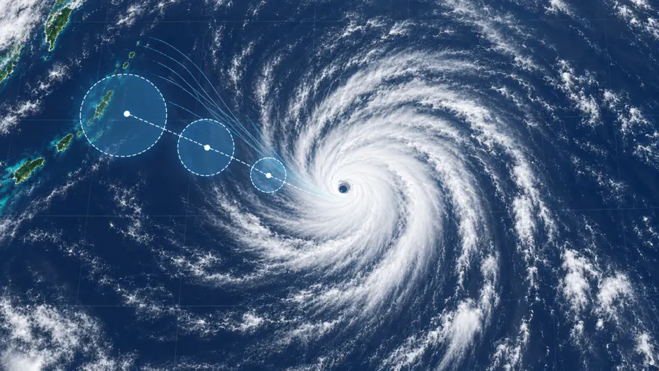 日本の南の海上で渦を巻く台風の衛星画像風のイメージに、進路の中心線と予報円、AIが描いた複数の進路を重ねた図