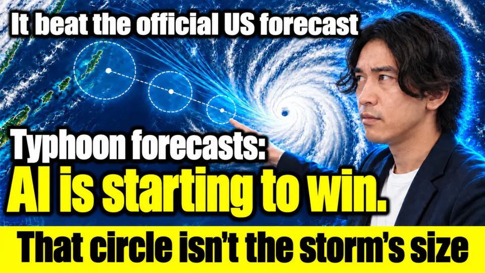 Kaito Ogasawara pointing at forecast circles over a satellite image of a typhoon near Okinawa. Text: It beat the official US forecast. Typhoon forecasts: AI is starting to win. That circle isn't the storm's size