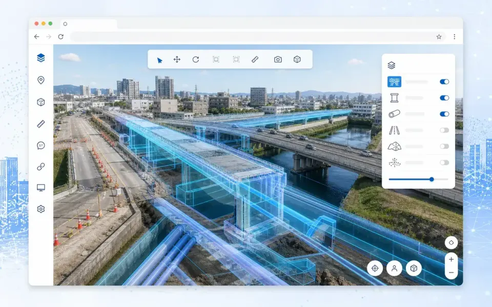 現場の3D空間に青い設計モデルを重ねたMachicaの紹介画像